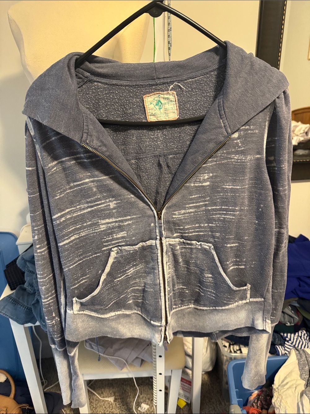Free People Washed Navy Distressed Zip-Up Hoodie